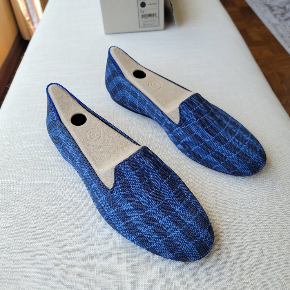 New! Rothy’s size 9 Indigo Blue Gingham Plaid Loafers Shoes Flats in Box